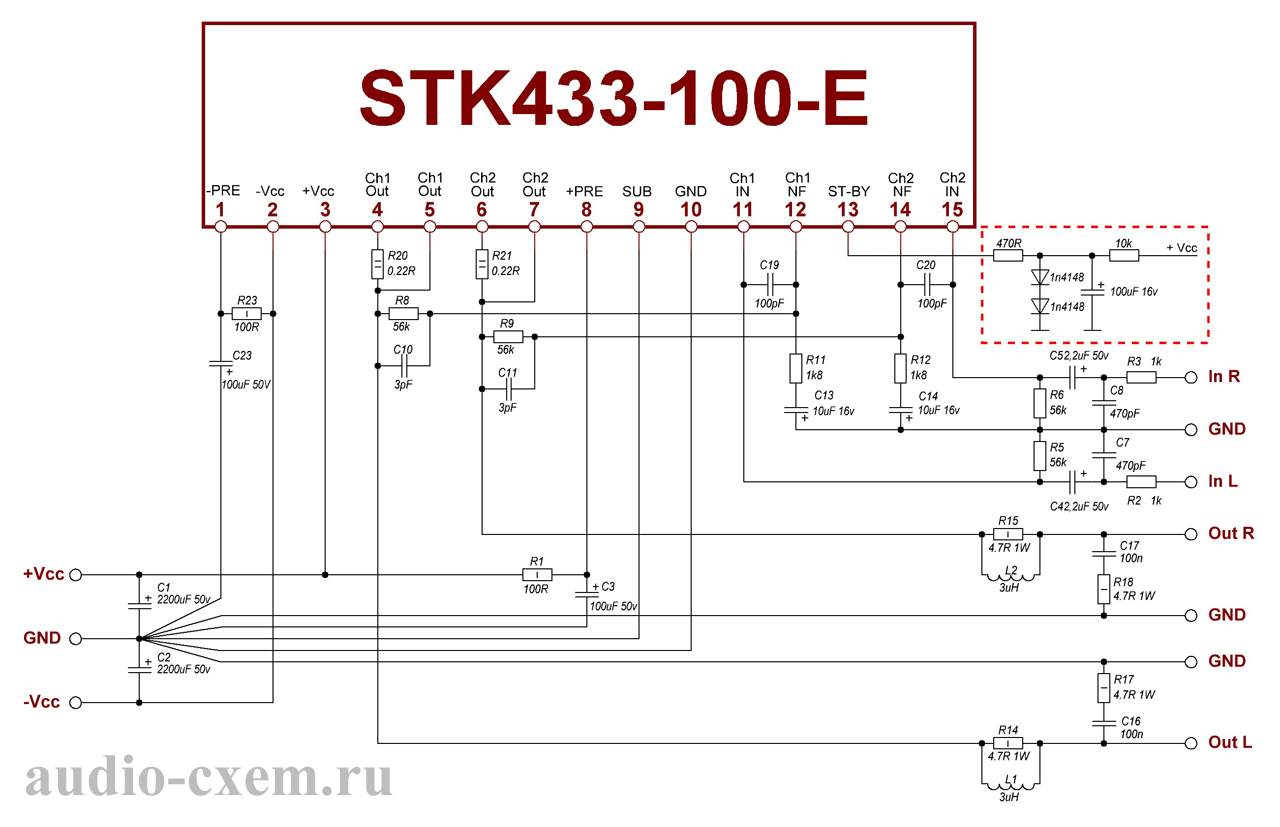 Схема усилителя 60Вт+60Вт на STK433-100
