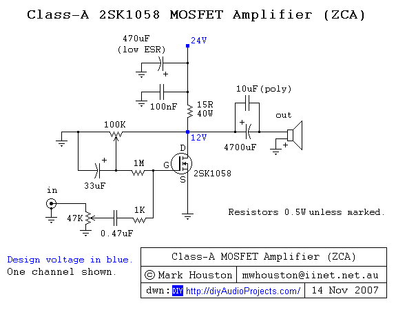 Однотактный усилитель Хьюстона класса А на 2SK1058 MOSFET-е. ZCA — усилитель без деталей