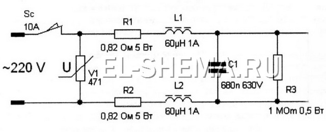 принципиальная схема первого каскада фильтра питания