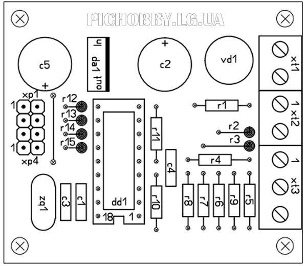 Печатная плата индикатора уровня воды в баке на микроконтроллере PIC16F628A (верх).