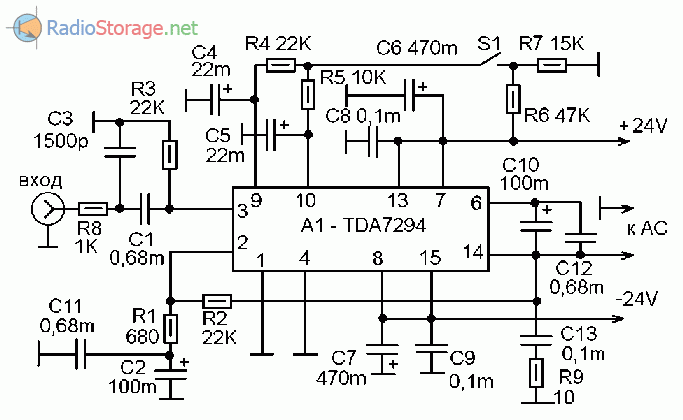 Принципиальная схема помехоустойчивого усилителя мощности (УМЗЧ) на микросхеме TDA7294