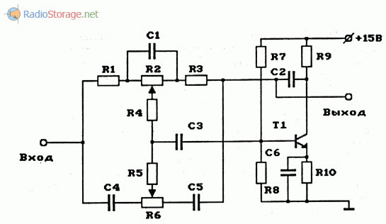 Схема двухполосного регулятора тембра (НЧ, ВЧ) на транзисторе