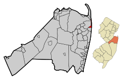 Карта моря Брайт в графстве Монмут.  Врезка: Расположение графстве Монмут выделены в штате Нью-Джерси.