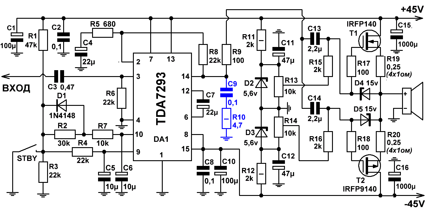 Схемы УНЧ на TDA7293, TDA7294 мощностью 200 Вт